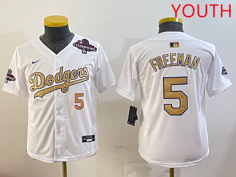 Youth Los Angeles Dodgers 5 Freeman White Champion gold character 2025 Nike MLB Jersey style 2